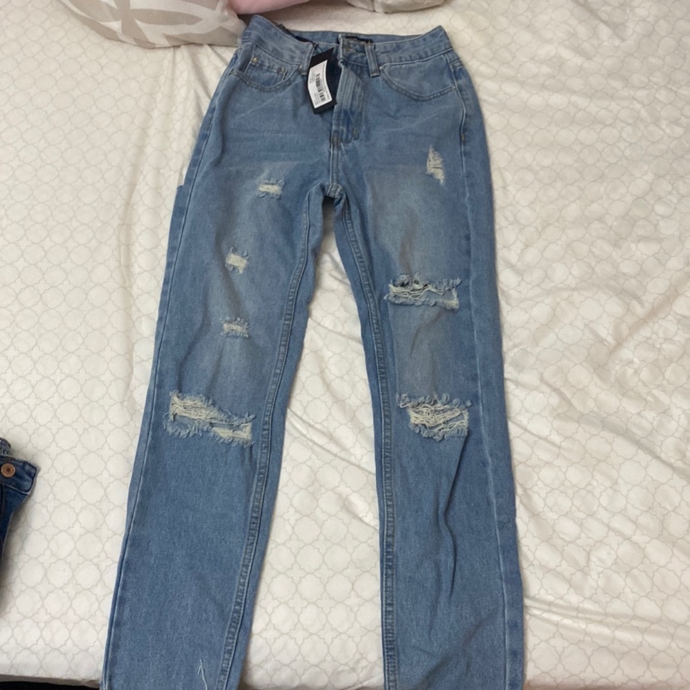 Petite Light Wash Distressed Mom Jeans
